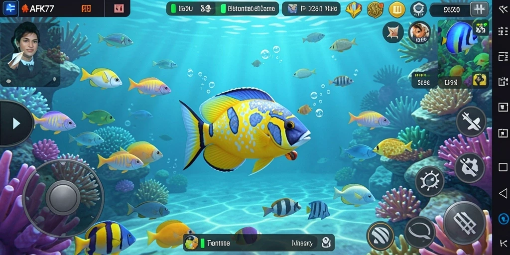 Screenshot gameplay AFK77 menunjukkan aksi menangkap ikan yang seru dan penuh warna.