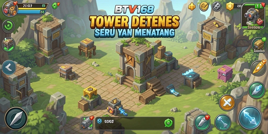 Screenshot gameplay BTV168 menampilkan strategi menara melawan gelombang musuh.