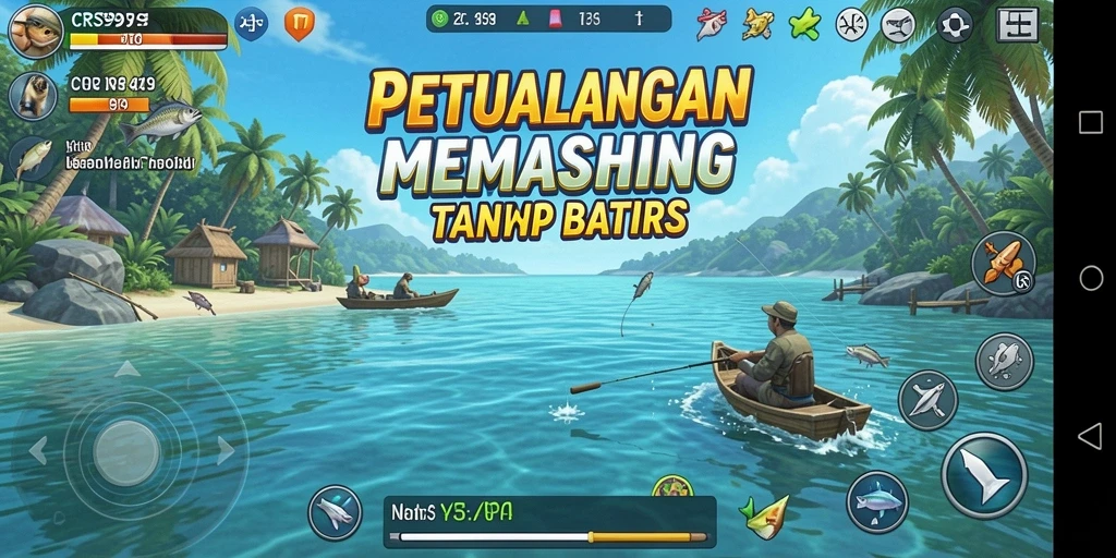 Tampilan gameplay CRS99 dengan pemain menangkap ikan di laut lepas.