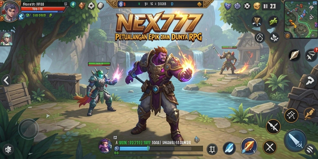 Screenshot NEX777 menampilkan pertempuran epik antara karakter di dunia RPG.
