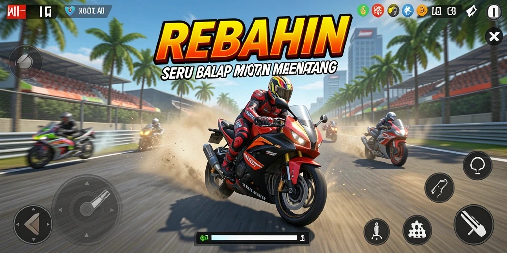 Gameplay intens dengan sepeda motor di lintasan balap.