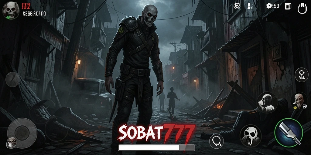 Tampilkan gameplay menyeramkan dalam SOBAT777 dengan suasana gelap dan menakutkan.