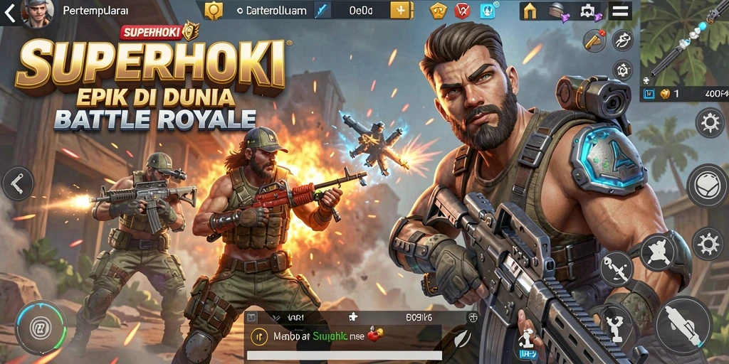 Screenshot utama SUPERHOKI menampilkan pertarungan seru dalam permainan Battle Royale.